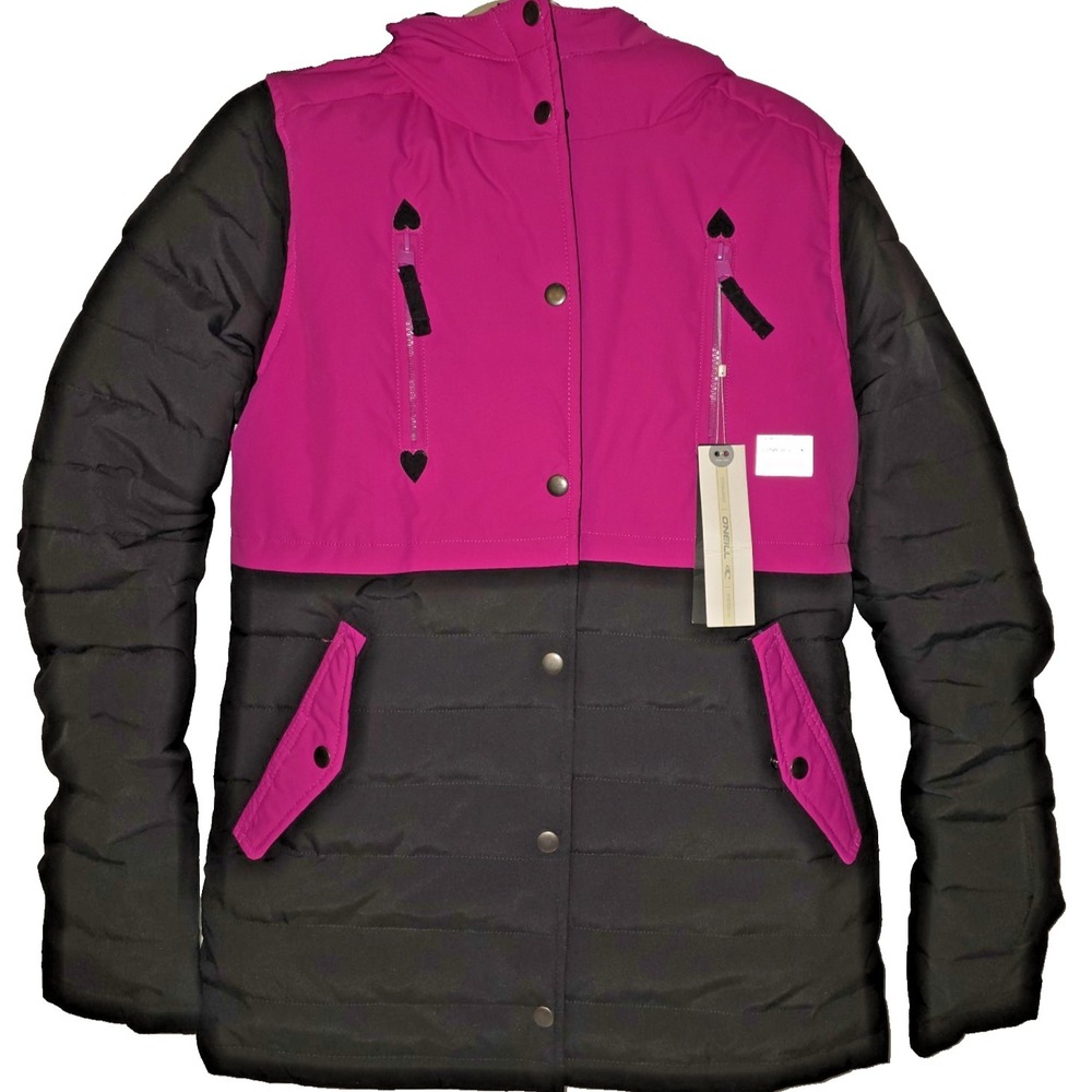O'Neill Snow Jacket Women Size 14 Pink/Black Hooded Waterproof Ski Coat Winter